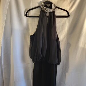 Bisou Bisou Black Beaded Halter Neck Chiffon Overlay Dress Size 10